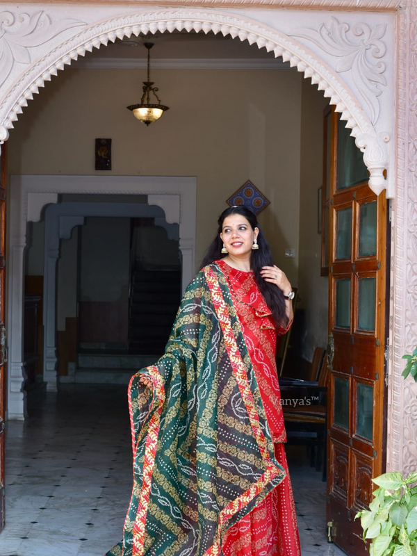 Nivara Red & Green Bandhej Kota Doria Skirt Set