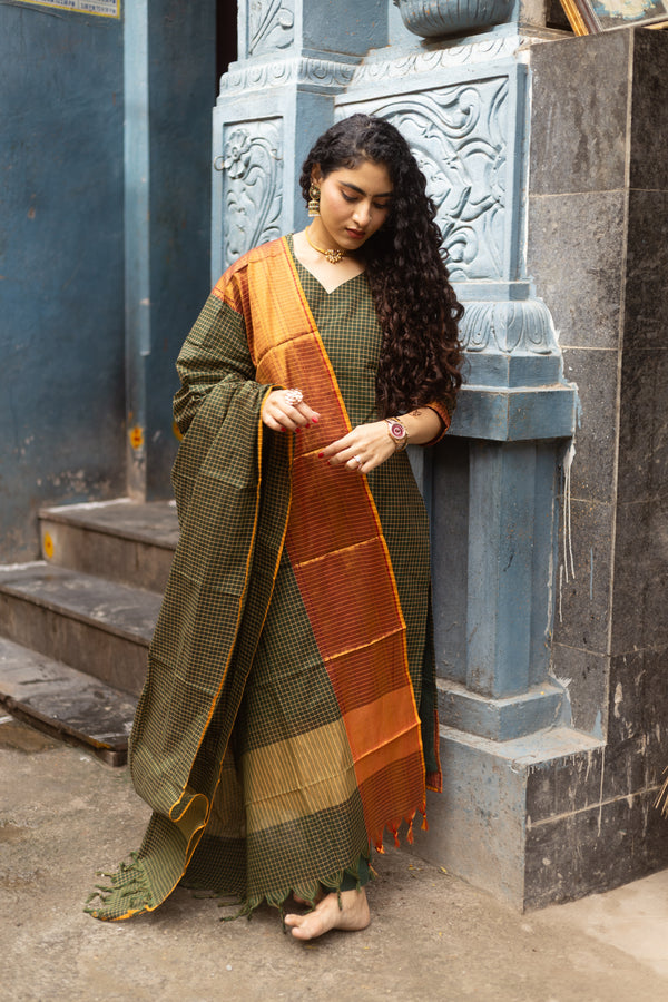 ✨PattuPaavai Checks – Rust Olive Edition ✨