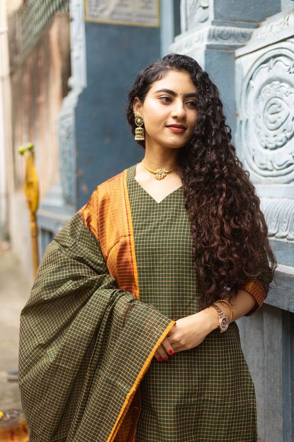 ✨PattuPaavai Checks – Rust Olive Edition ✨