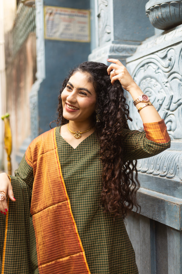 ✨PattuPaavai Checks – Rust Olive Edition ✨