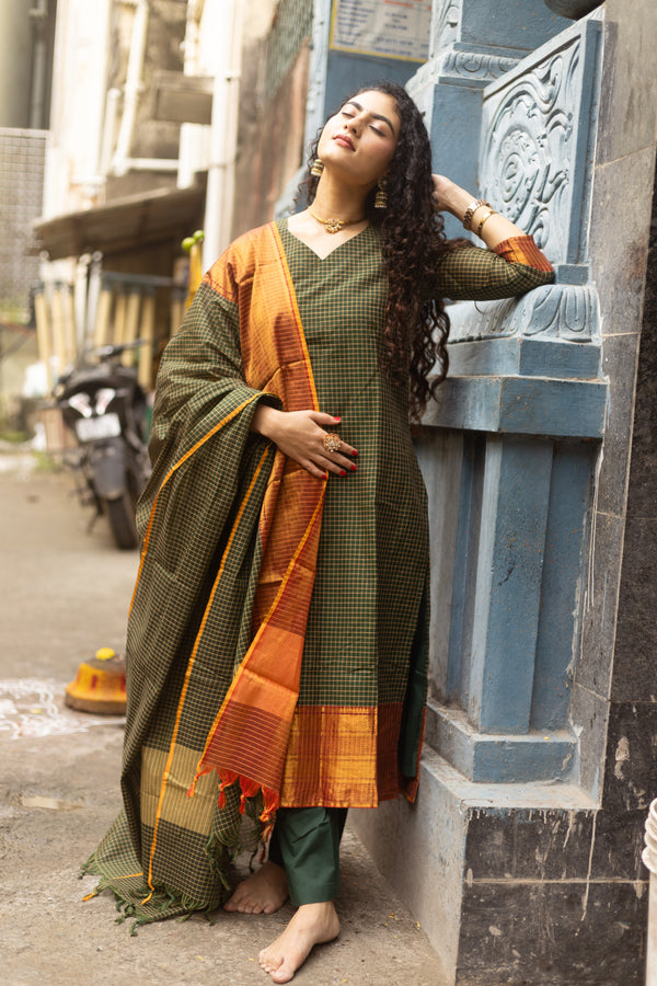 ✨PattuPaavai Checks – Rust Olive Edition ✨