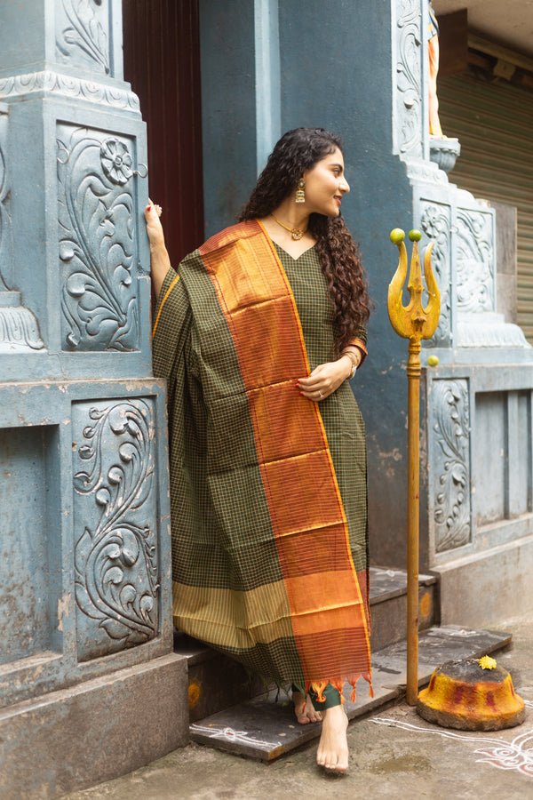 ✨PattuPaavai Checks – Rust Olive Edition ✨