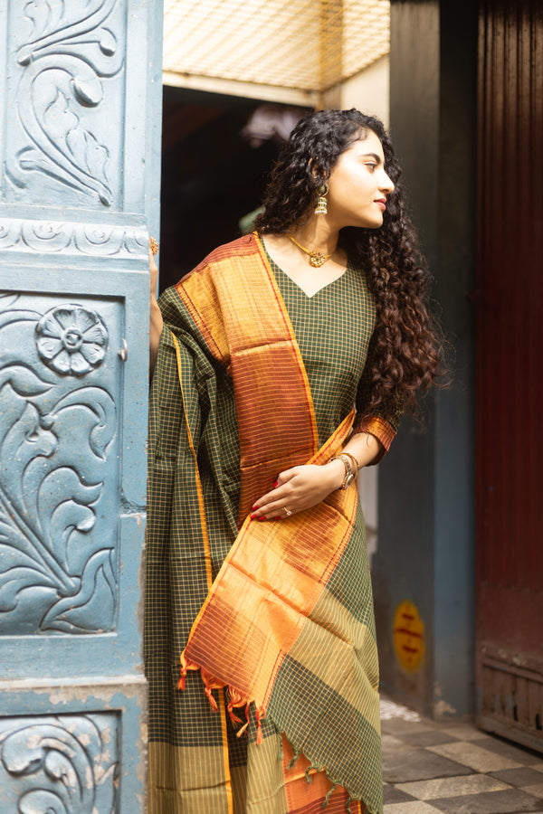 ✨PattuPaavai Checks – Rust Olive Edition ✨