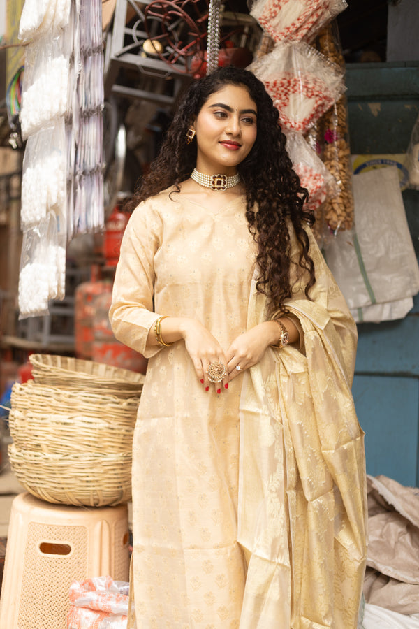 Sheen – Cream Gold Cotton Silk Suit Set
