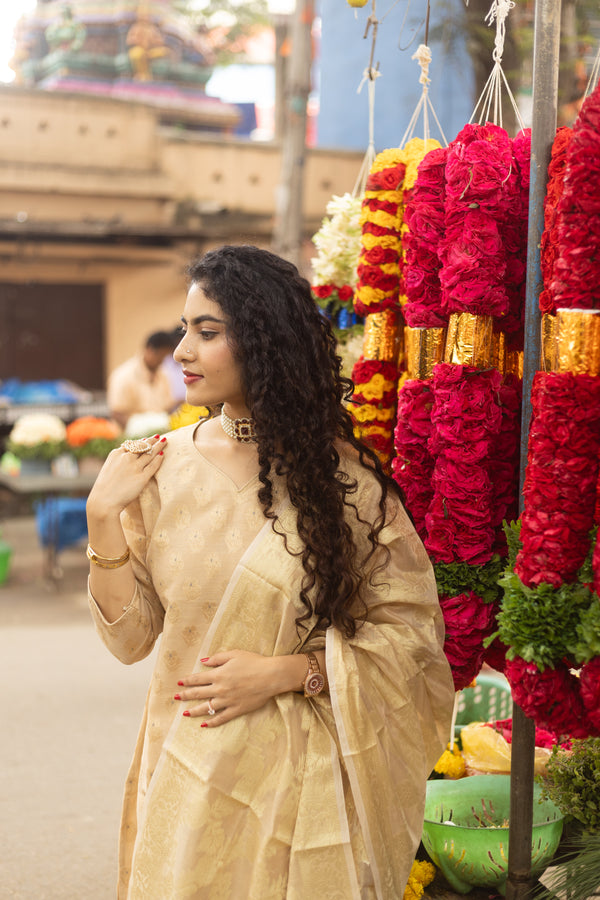 Sheen – Cream Gold Cotton Silk Suit Set