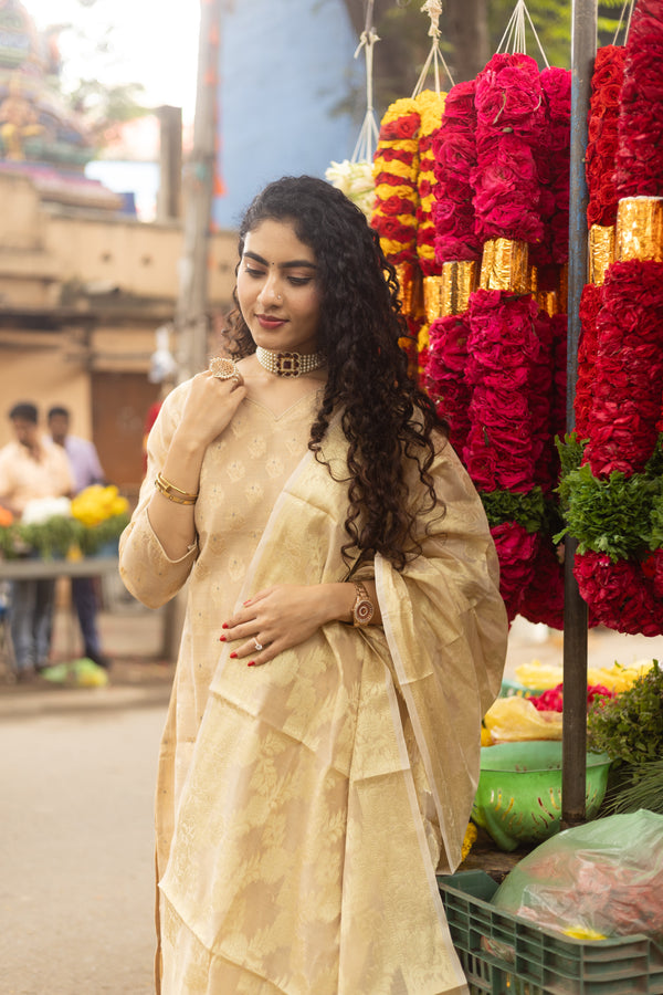 Sheen – Cream Gold Cotton Silk Suit Set