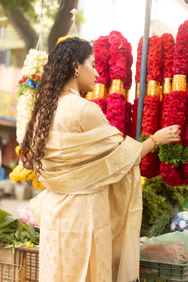 Sheen – Cream Gold Cotton Silk Suit Set