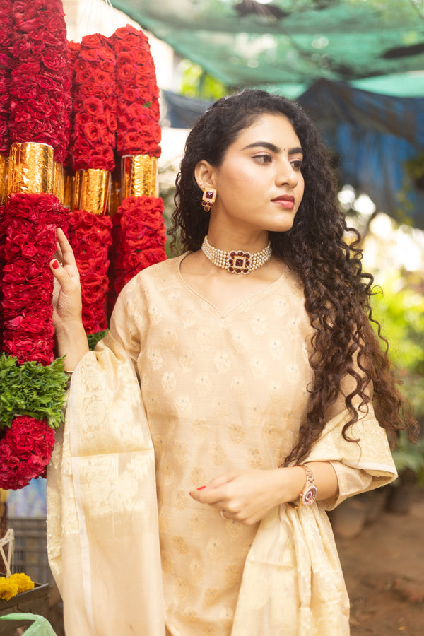 Sheen – Cream Gold Cotton Silk Suit Set