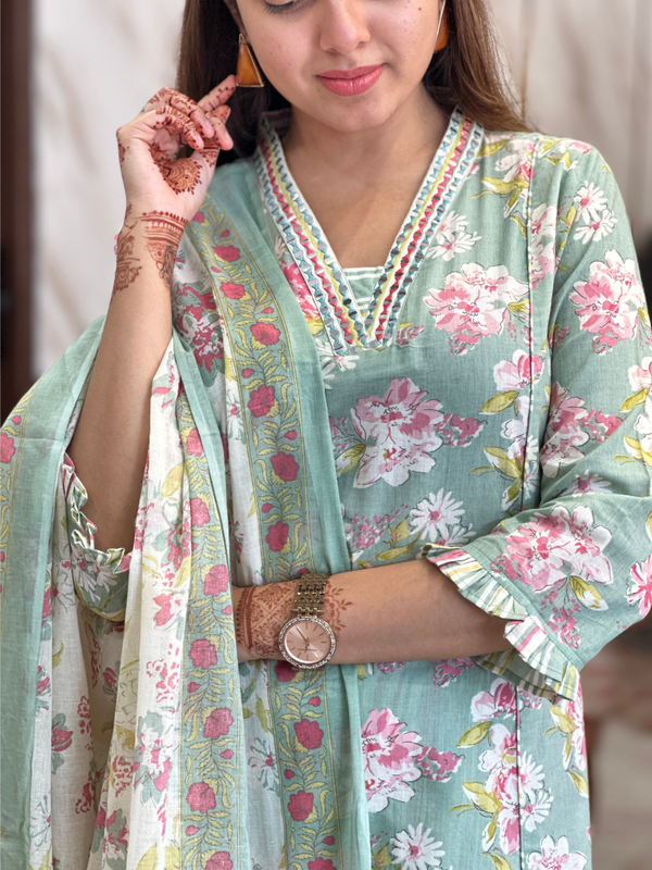 Anshula Mint Floral Delight Kurta Suit Set