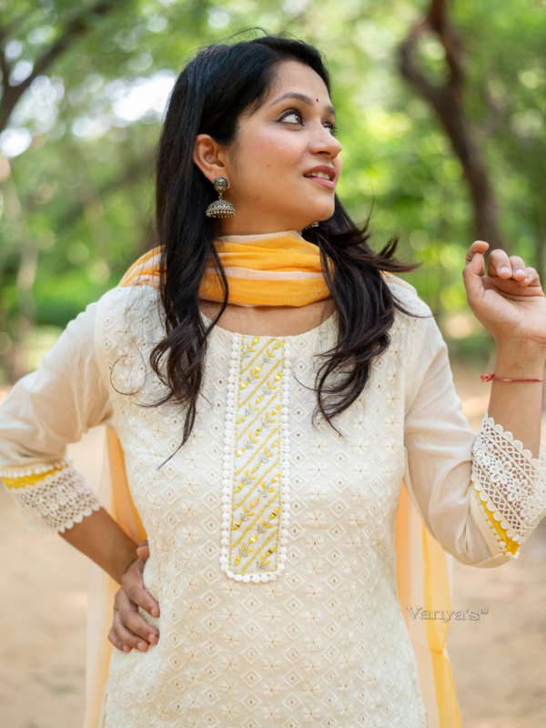Pravika Cream Cotton Schiffli Chikan Kurta Suit Set