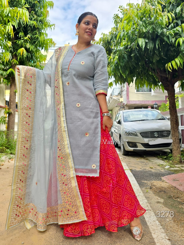 Shringaara Grey Kota Doria Gota Patti Kurta Set with Red Bandhej Skirt
