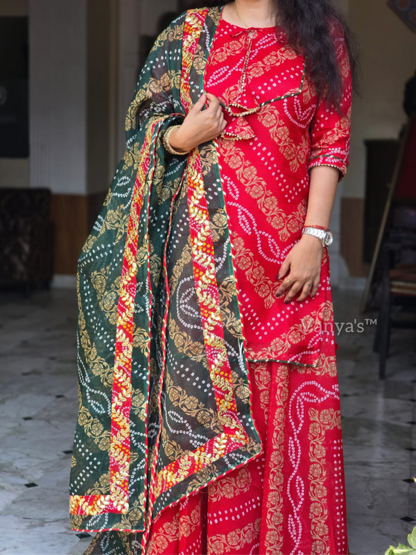 Nivara Red & Green Bandhej Kota Doria Skirt Set
