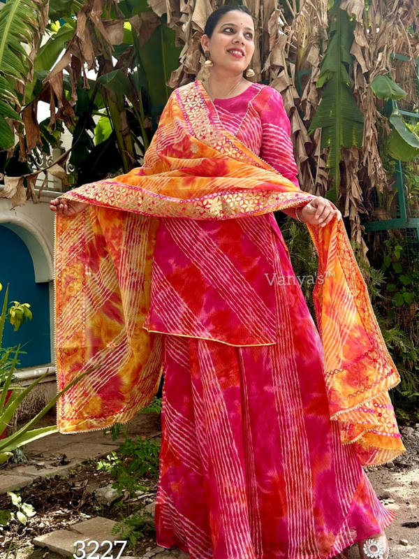 Tarangini Vibrant Pink and Orange Lehriya Kota Doria Gota Patti Set
