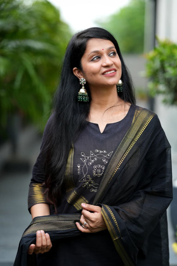 Manglagiri kollam south cotton black suit with lining