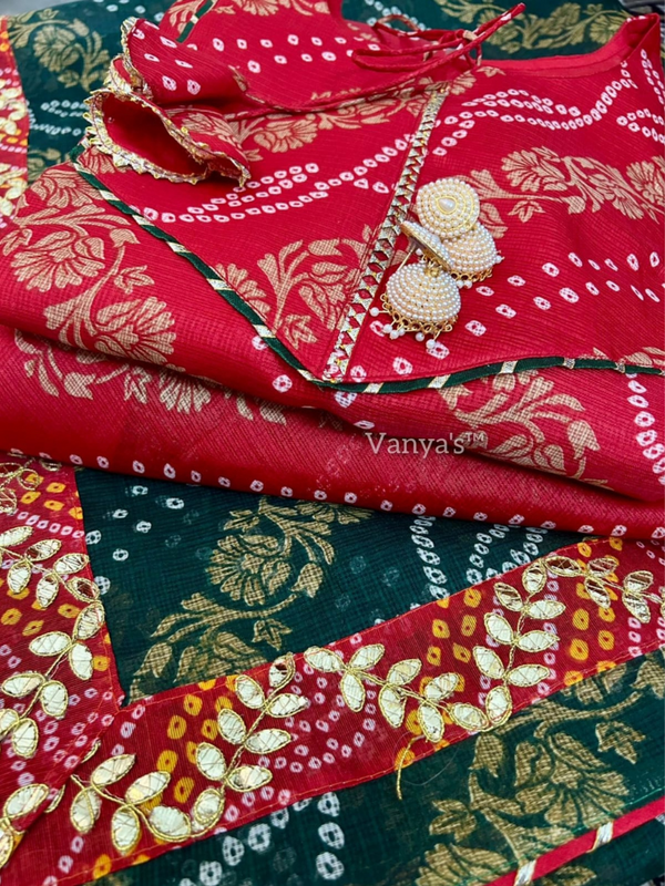 Nivara Red & Green Bandhej Kota Doria Skirt Set