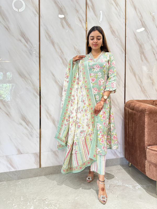 Anshula Mint Floral Delight Kurta Suit Set