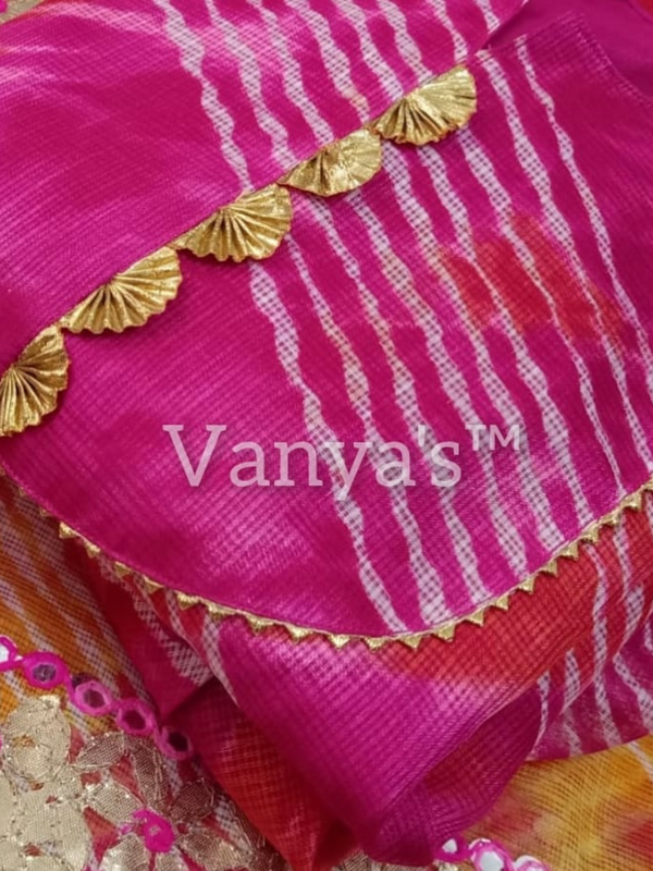 Tarangini Vibrant Pink and Orange Lehriya Kota Doria Gota Patti Set