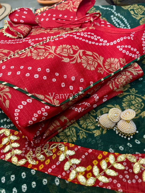 Nivara Red & Green Bandhej Kota Doria Skirt Set