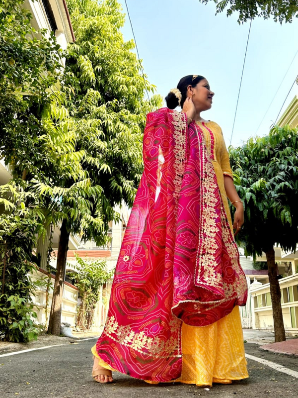 Rasika Yellow Bandhej Kota Doria Gota Patti Skirt Set