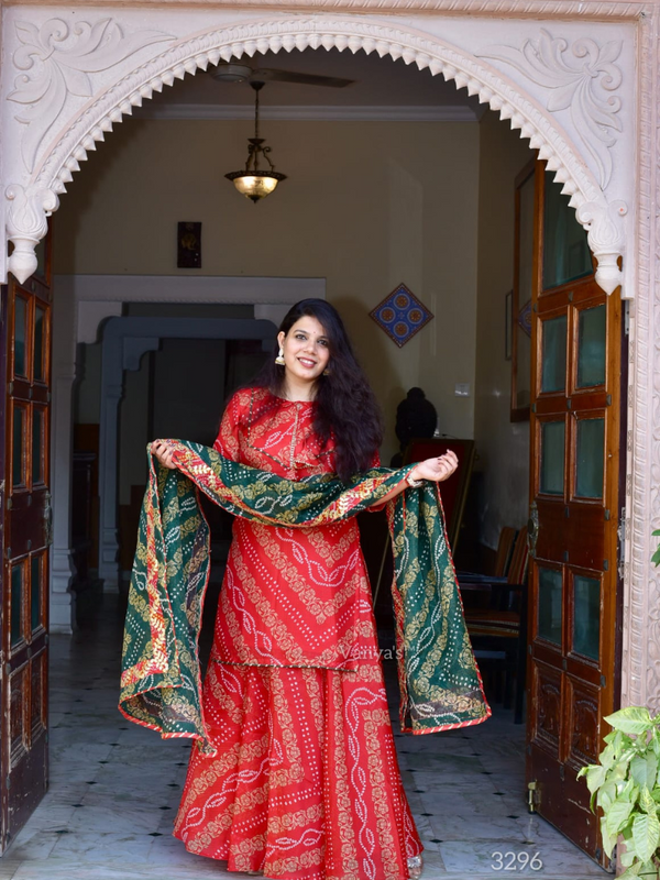 Nivara Red & Green Bandhej Kota Doria Skirt Set
