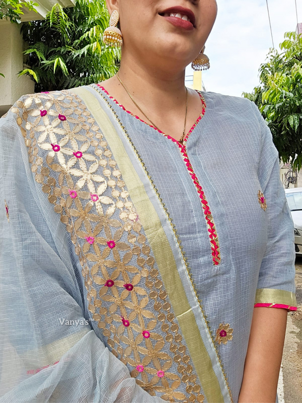 Shringaara Grey Kota Doria Gota Patti Kurta Set with Red Bandhej Skirt