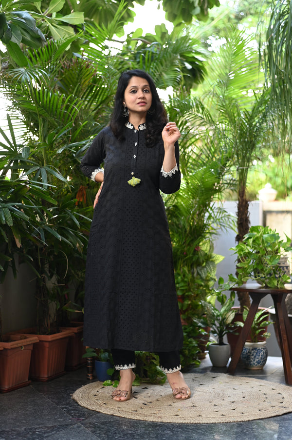 Maahi Black Schiffli A line Kurta Pant