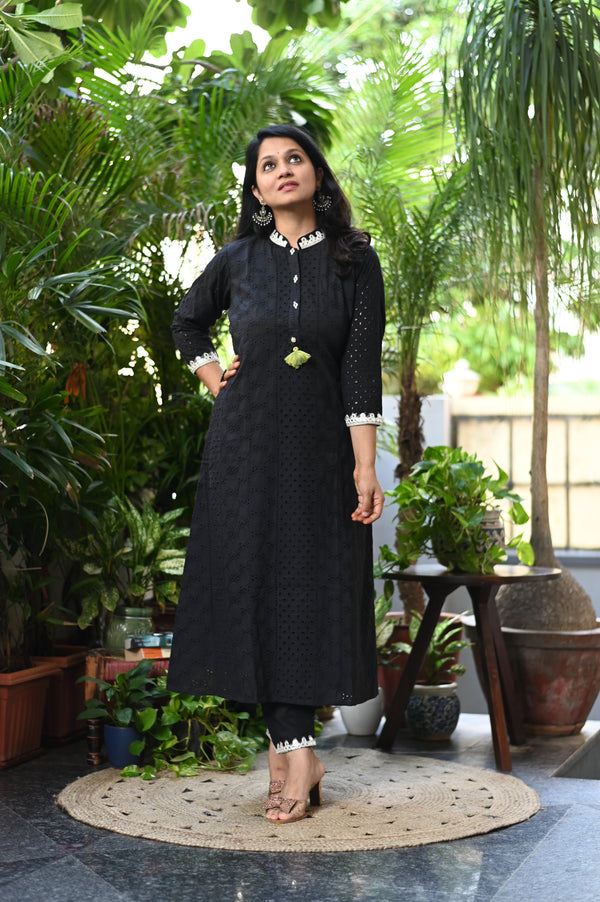 Maahi Black Schiffli A line Kurta Pant