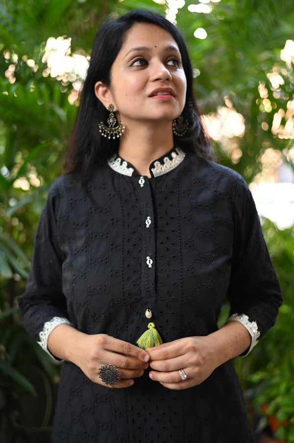Maahi Black Schiffli A line Kurta Pant