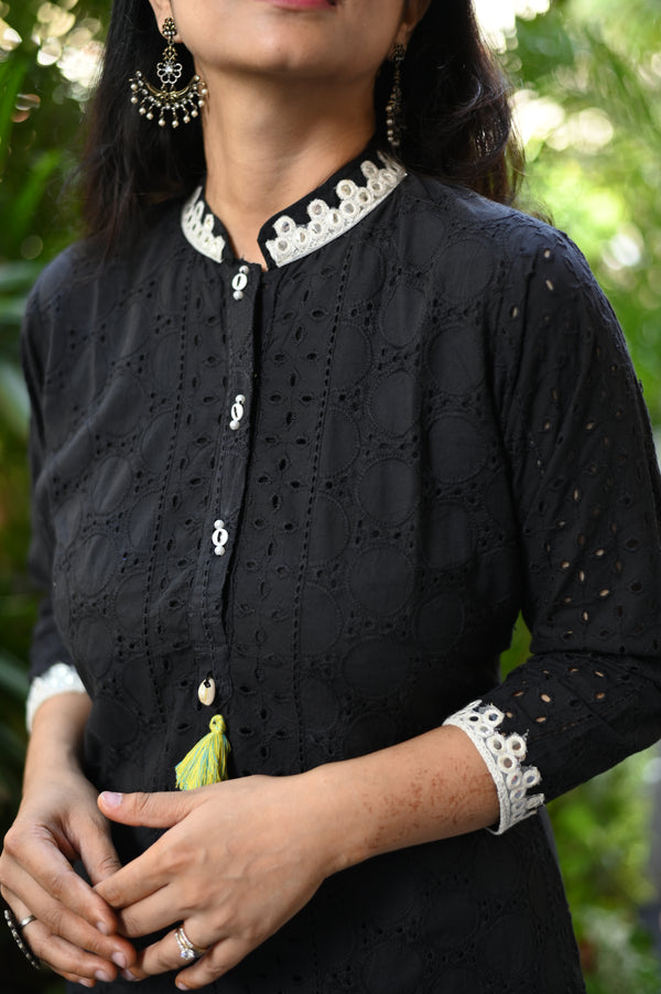 Maahi Black Schiffli A line Kurta Pant