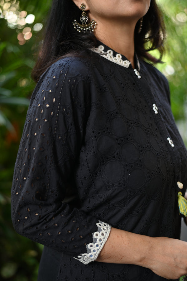 Maahi Black Schiffli A line Kurta Pant