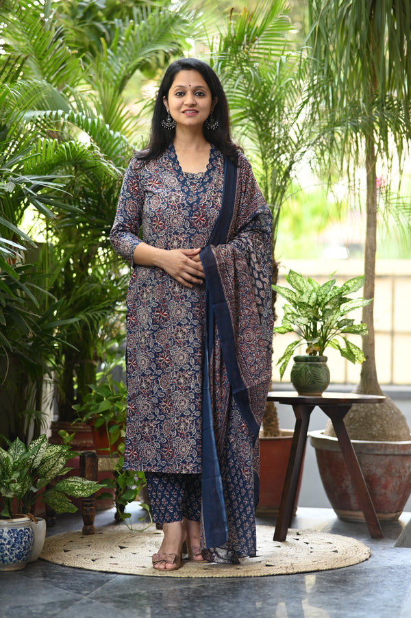 Ishin Ajrak Cotton Blue Suit sets