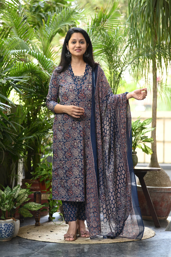 Ishin Ajrak Cotton Blue Suit sets