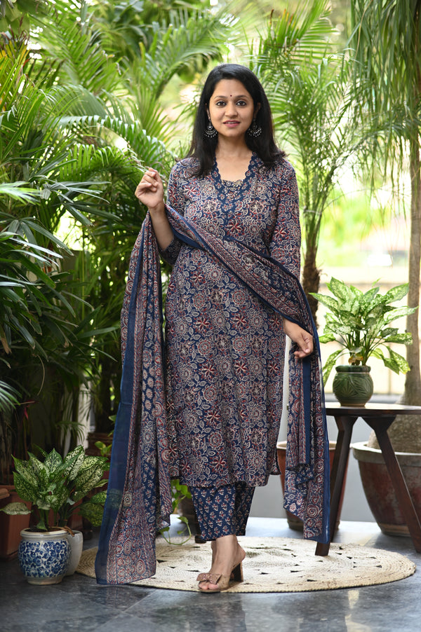 Ishin Ajrak Cotton Blue Suit sets