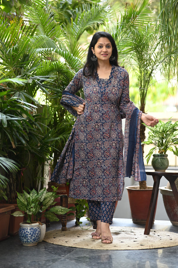 Ishin Ajrak Cotton Blue Suit sets
