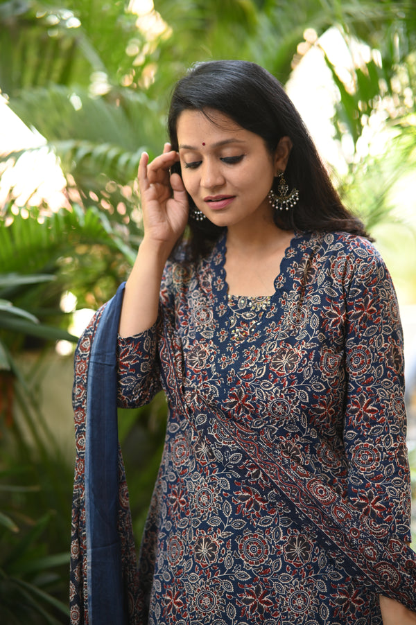 Ishin Ajrak Cotton Blue Suit sets