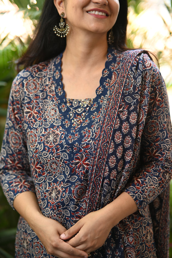 Ishin Ajrak Cotton Blue Suit sets