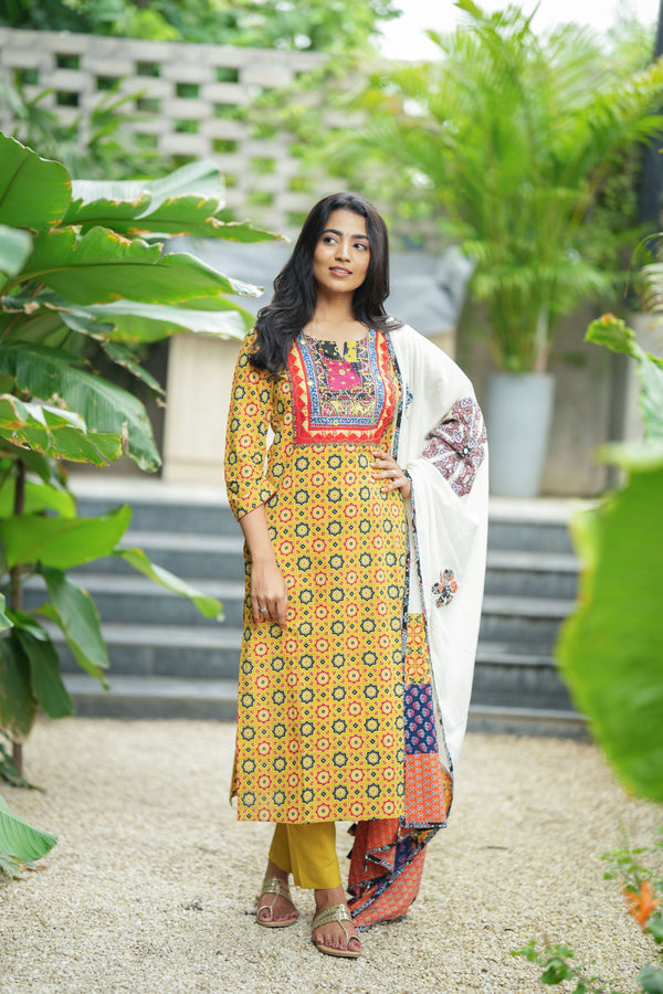 Ruhika Mustard Medley Ajrak Applique Kurta Set
