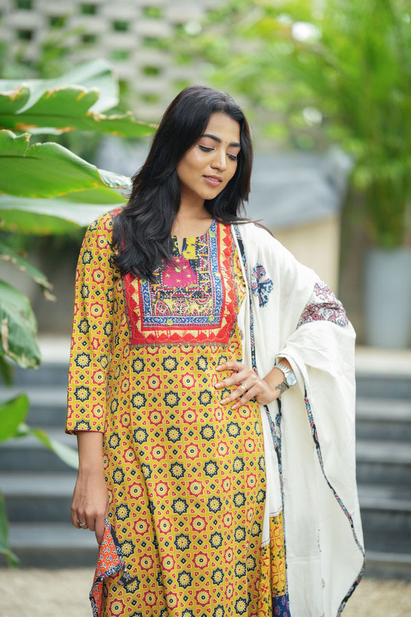 Ruhika Mustard Medley Ajrak Applique Kurta Set