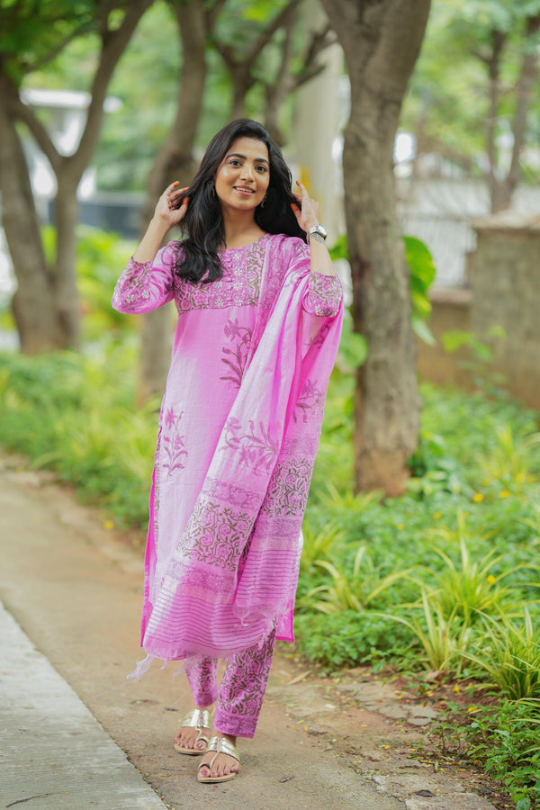 Valli Elegant Floral Pink Hand Block Salwar Suit