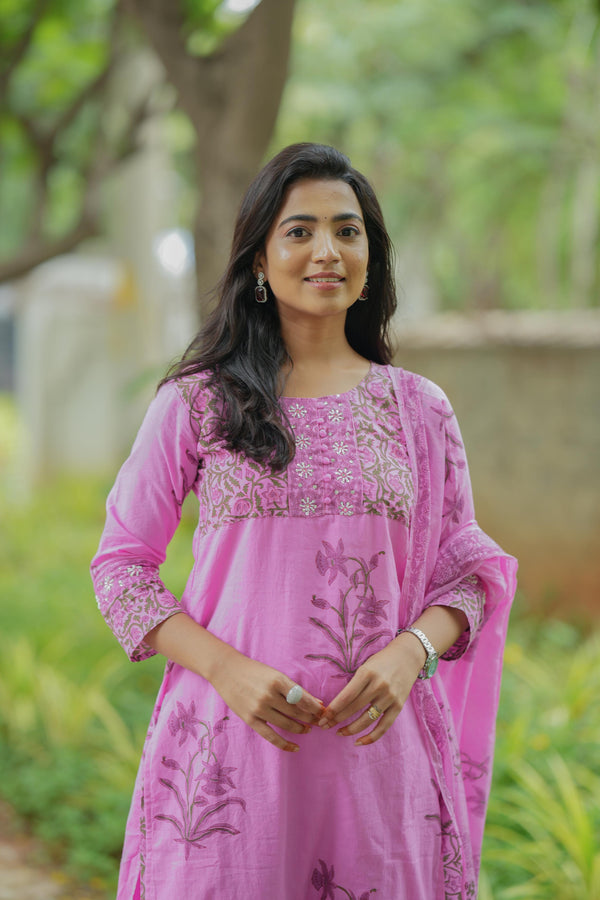 Valli Elegant Floral Pink Hand Block Salwar Suit