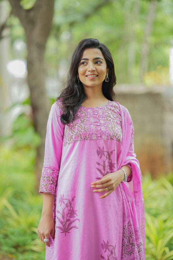 Valli Elegant Floral Pink Hand Block Salwar Suit