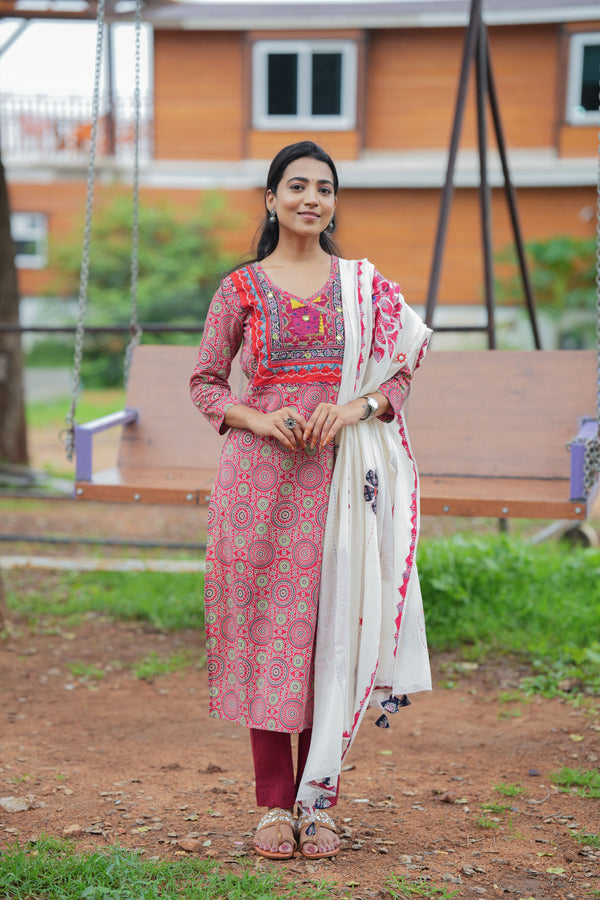 Chandrika Red Applique Ajrak Kurta Set
