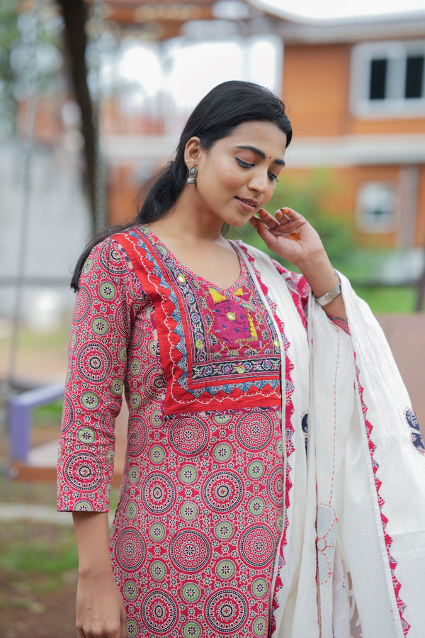 Chandrika Red Applique Ajrak Kurta Set