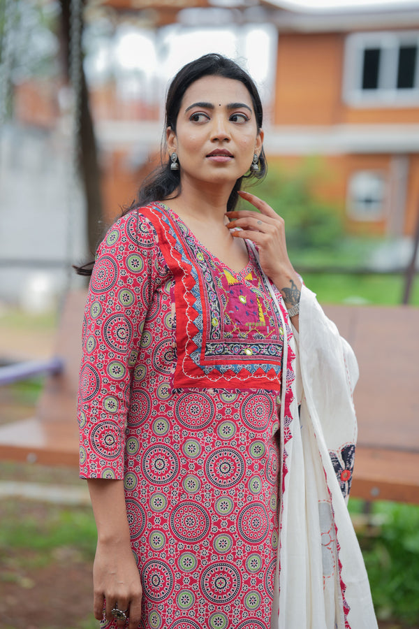 Chandrika Red Applique Ajrak Kurta Set