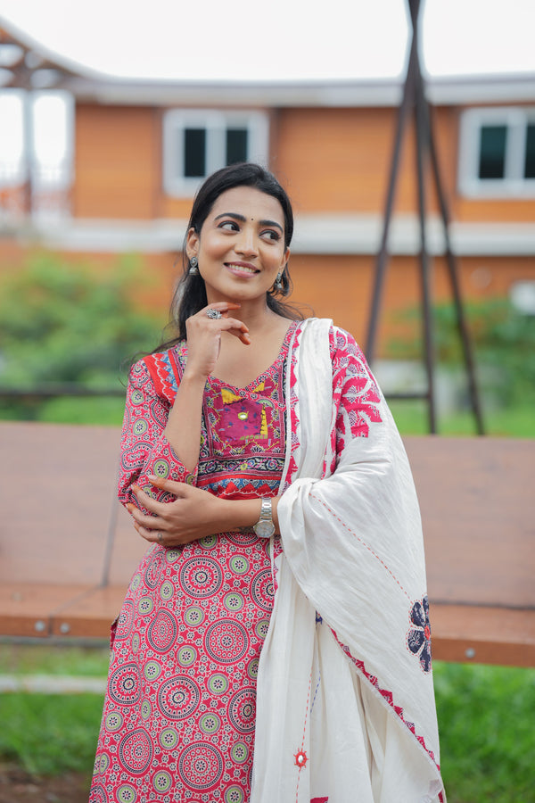Chandrika Red Applique Ajrak Kurta Set