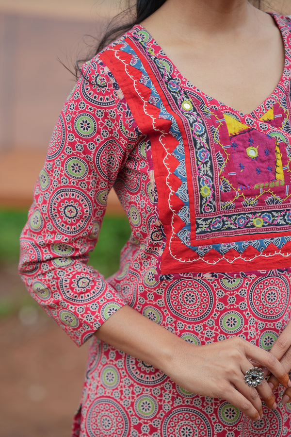 Chandrika Red Applique Ajrak Kurta Set