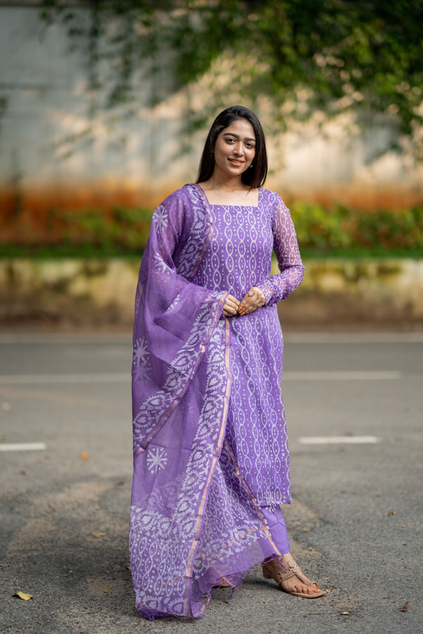 Mallika Bagru Hand Block Kota Doria Golden Zari Border Suit Sets-Pure Kota Doria handloom