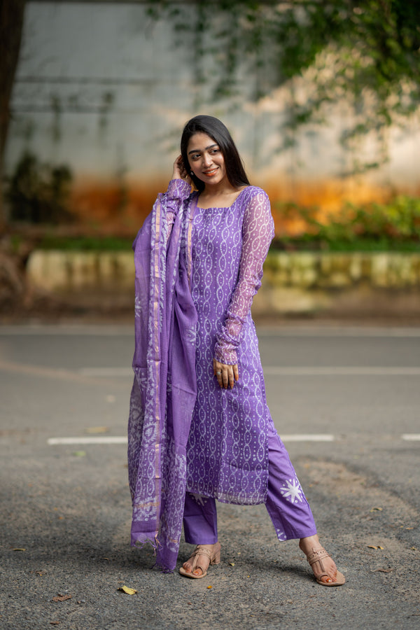 Mallika Bagru Hand Block Kota Doria Golden Zari Border Suit Sets-Pure Kota Doria handloom