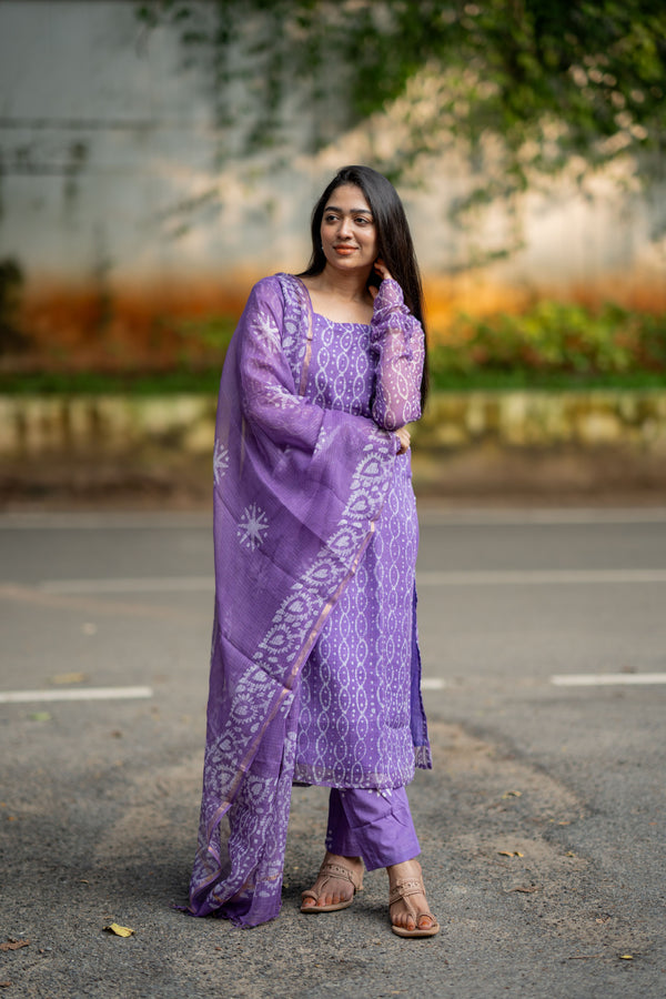 Mallika Bagru Hand Block Kota Doria Golden Zari Border Suit Sets-Pure Kota Doria handloom