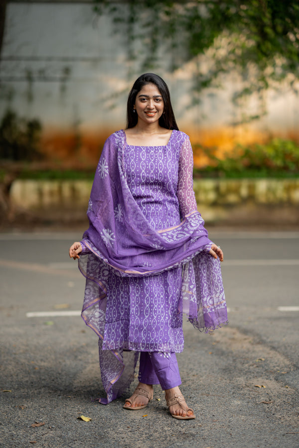 Mallika Bagru Hand Block Kota Doria Golden Zari Border Suit Sets-Pure Kota Doria handloom